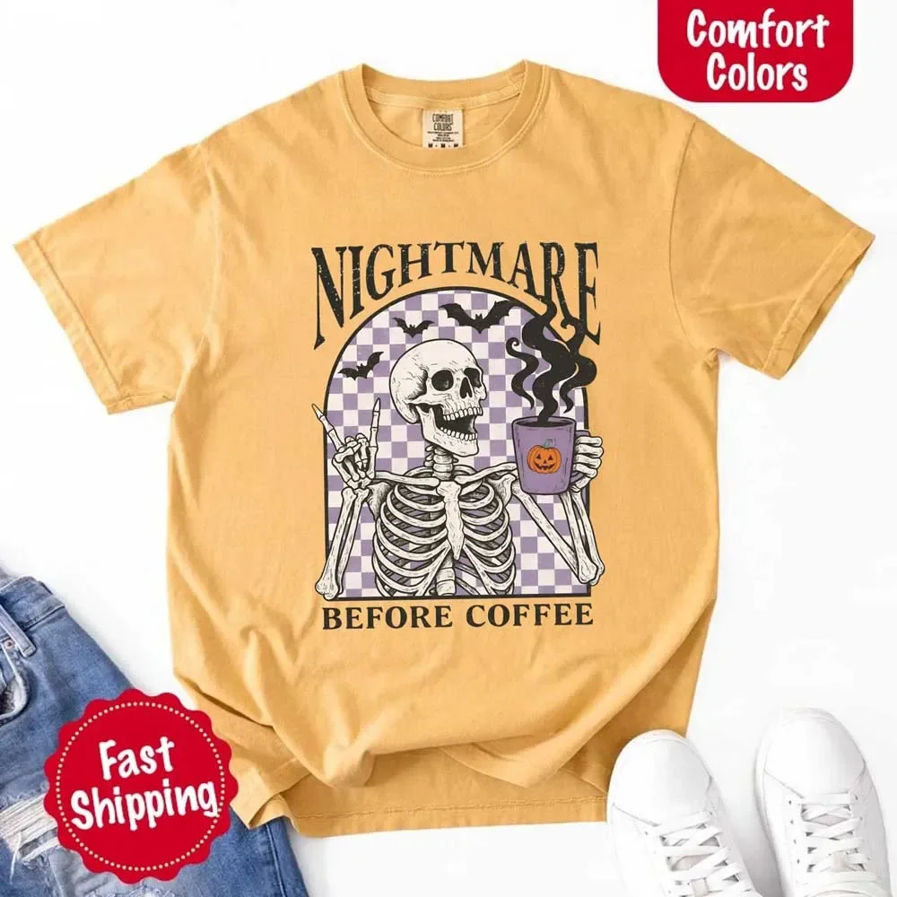 Nightmare Before Coffee Comfort Colors Shirt – Skeleton Funny Halloween Tee - Image 20