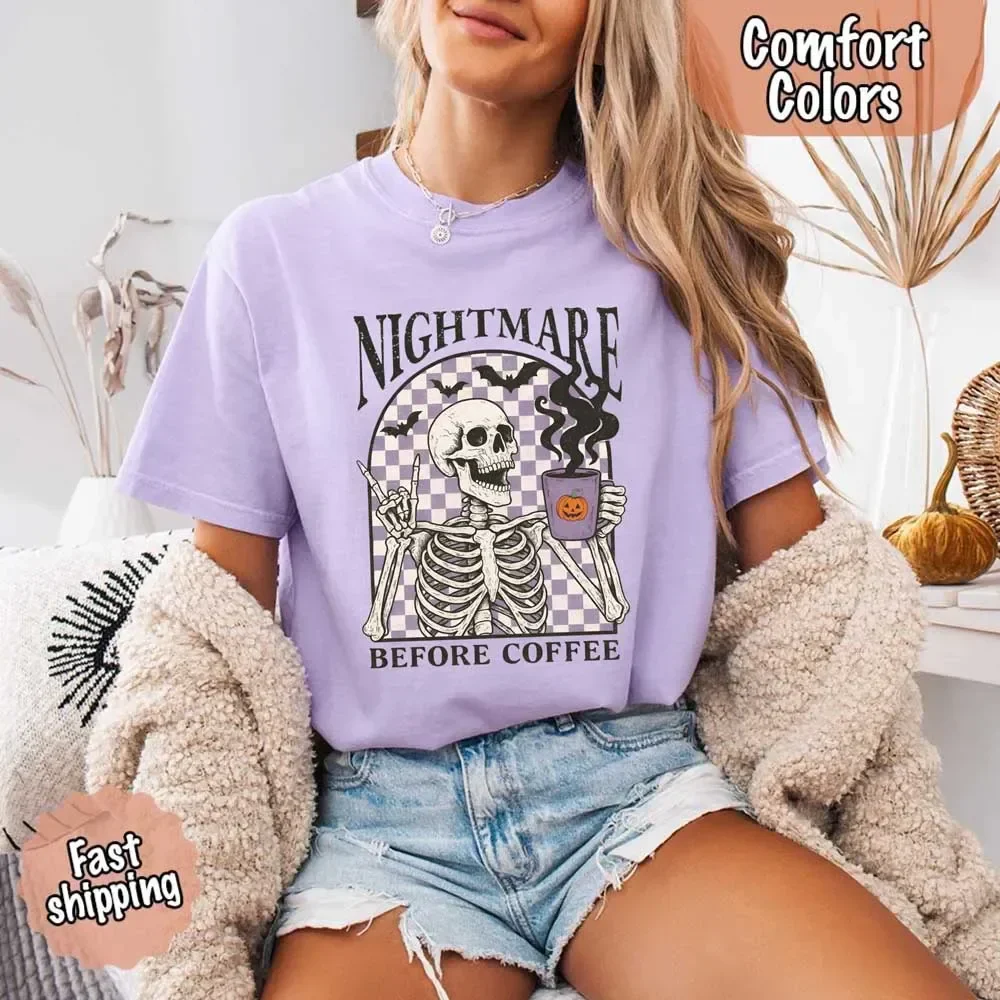Nightmare Before Coffee Comfort Colors Shirt – Skeleton Funny Halloween Tee - Image 21