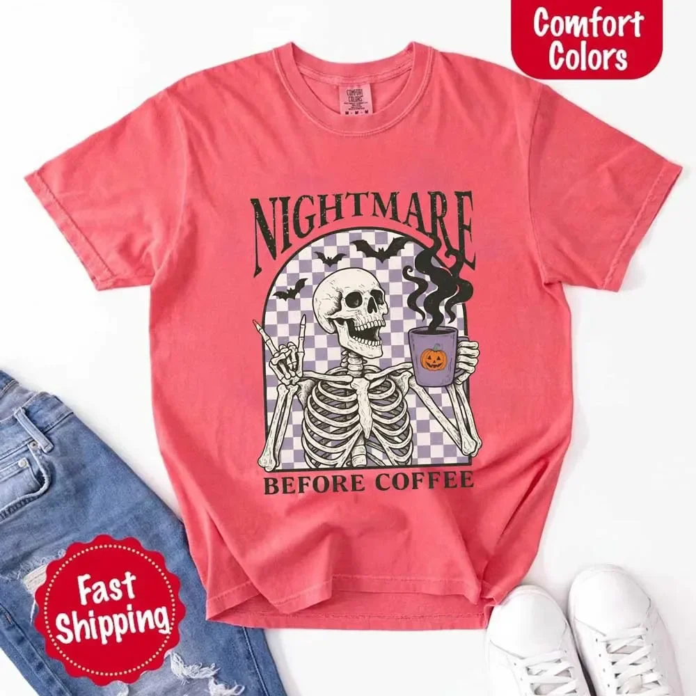 Nightmare Before Coffee Comfort Colors Shirt – Skeleton Funny Halloween Tee - Image 24