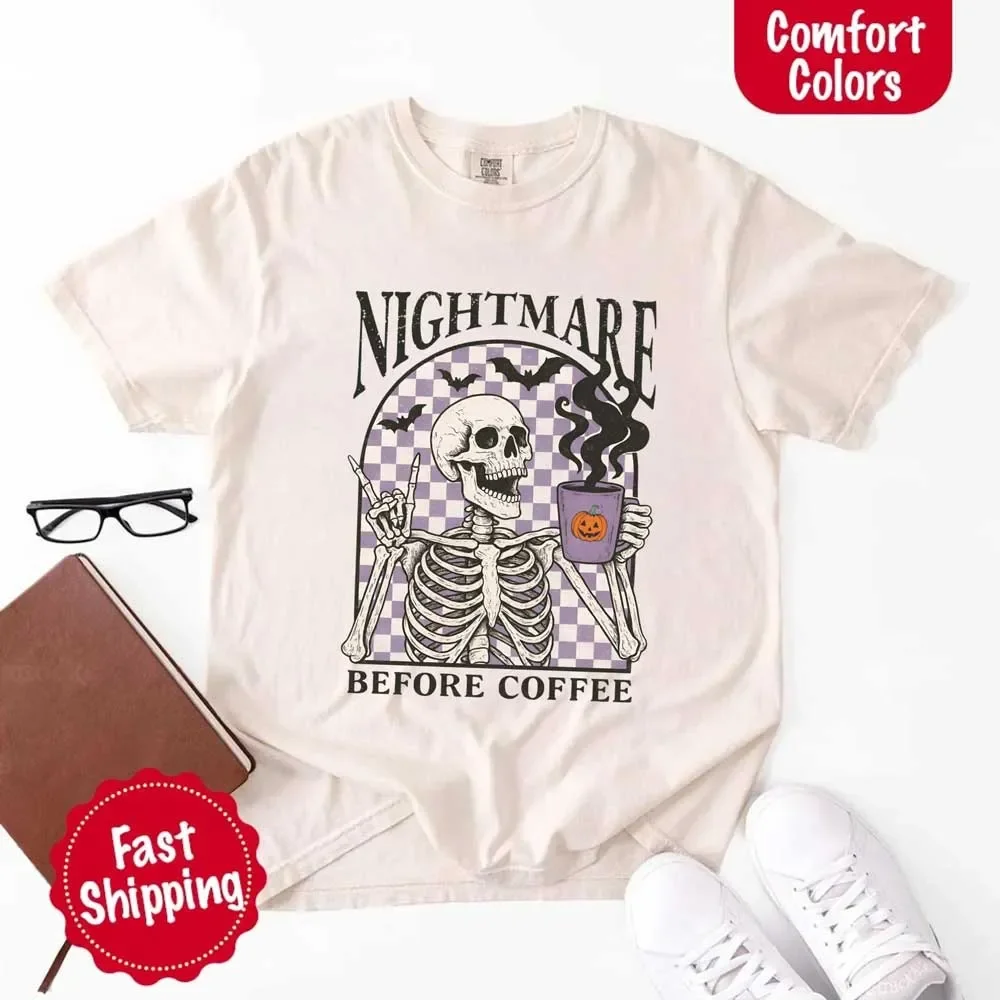 Nightmare Before Coffee Comfort Colors Shirt – Skeleton Funny Halloween Tee - Image 9