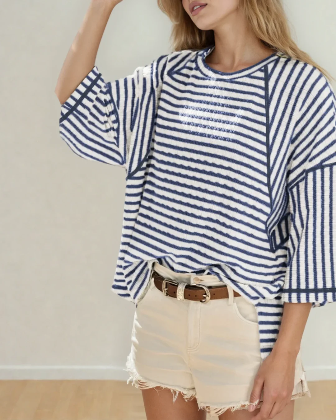 Noelle Textured Knit Split Hem Half Sleeve Loose Top - Blue - Image 3
