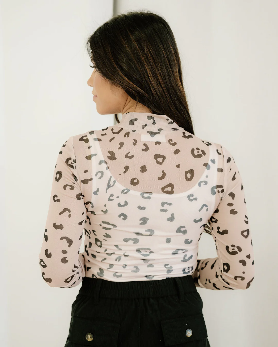 Oaklynn Mock Neck Sheer Mesh Leopard Long Sleeve Bodysuit - Image 7