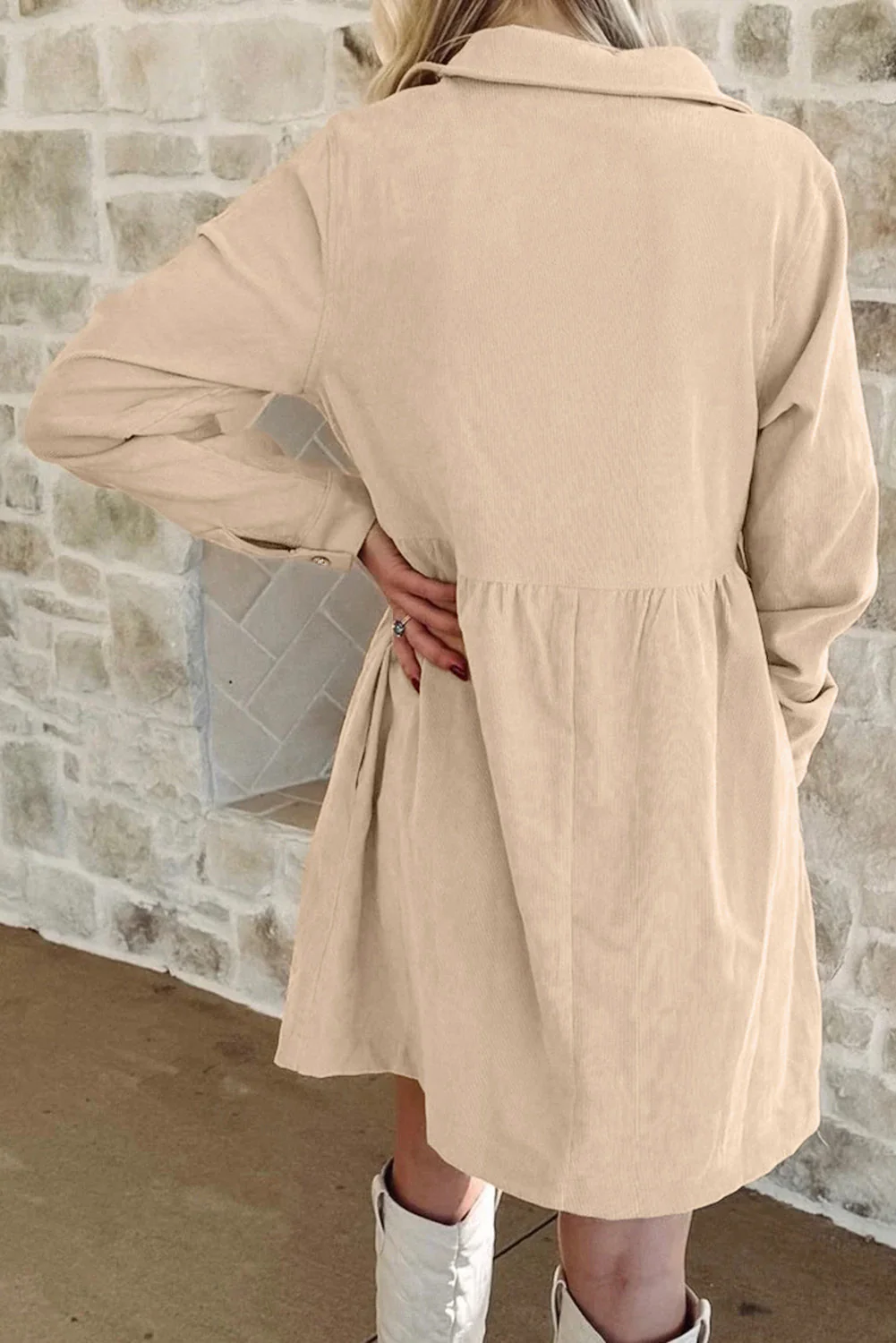 Oatmeal Corduroy Half Button Collared Long Sleeve Mini Dress - Image 2