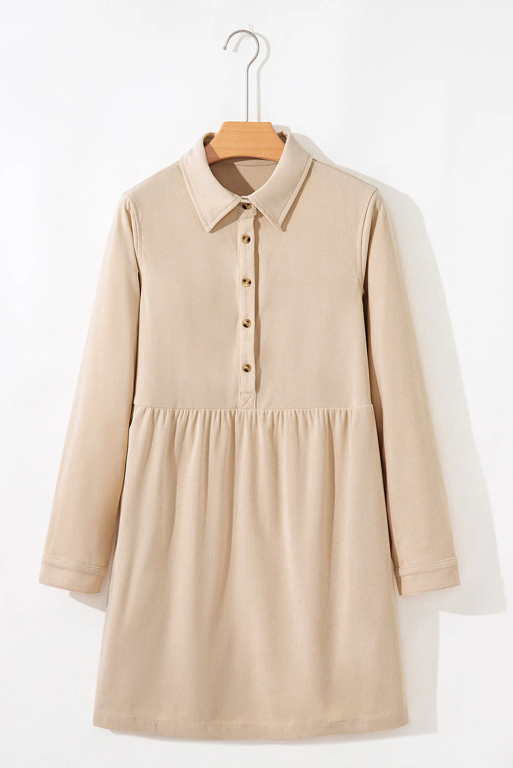 Oatmeal Corduroy Half Button Collared Long Sleeve Mini Dress - Image 4