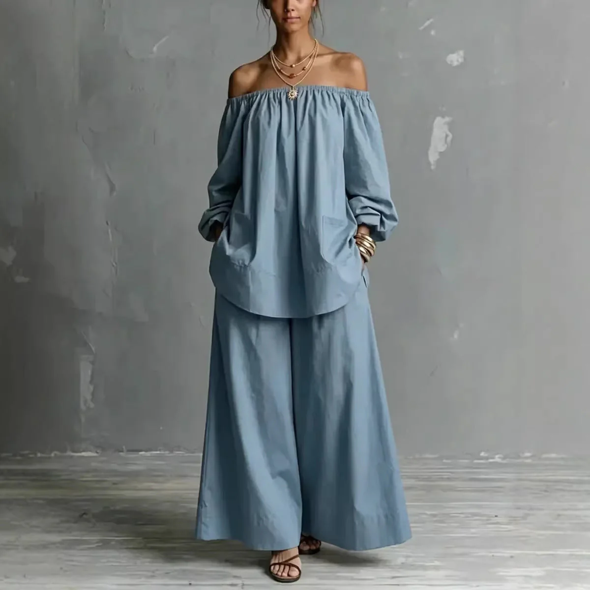 Off-Shoulder Cotton-Linen Wide-Leg Pants Set – 6 Colors, S–5XL - Image 5