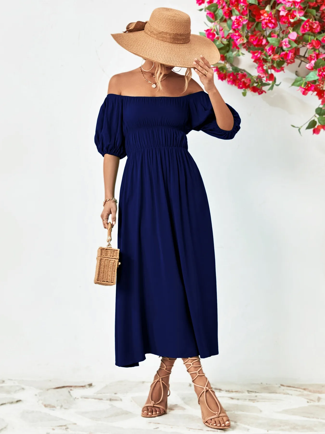 Off-Shoulder Puff Sleeve Smocked Maxi Dress - Image 15