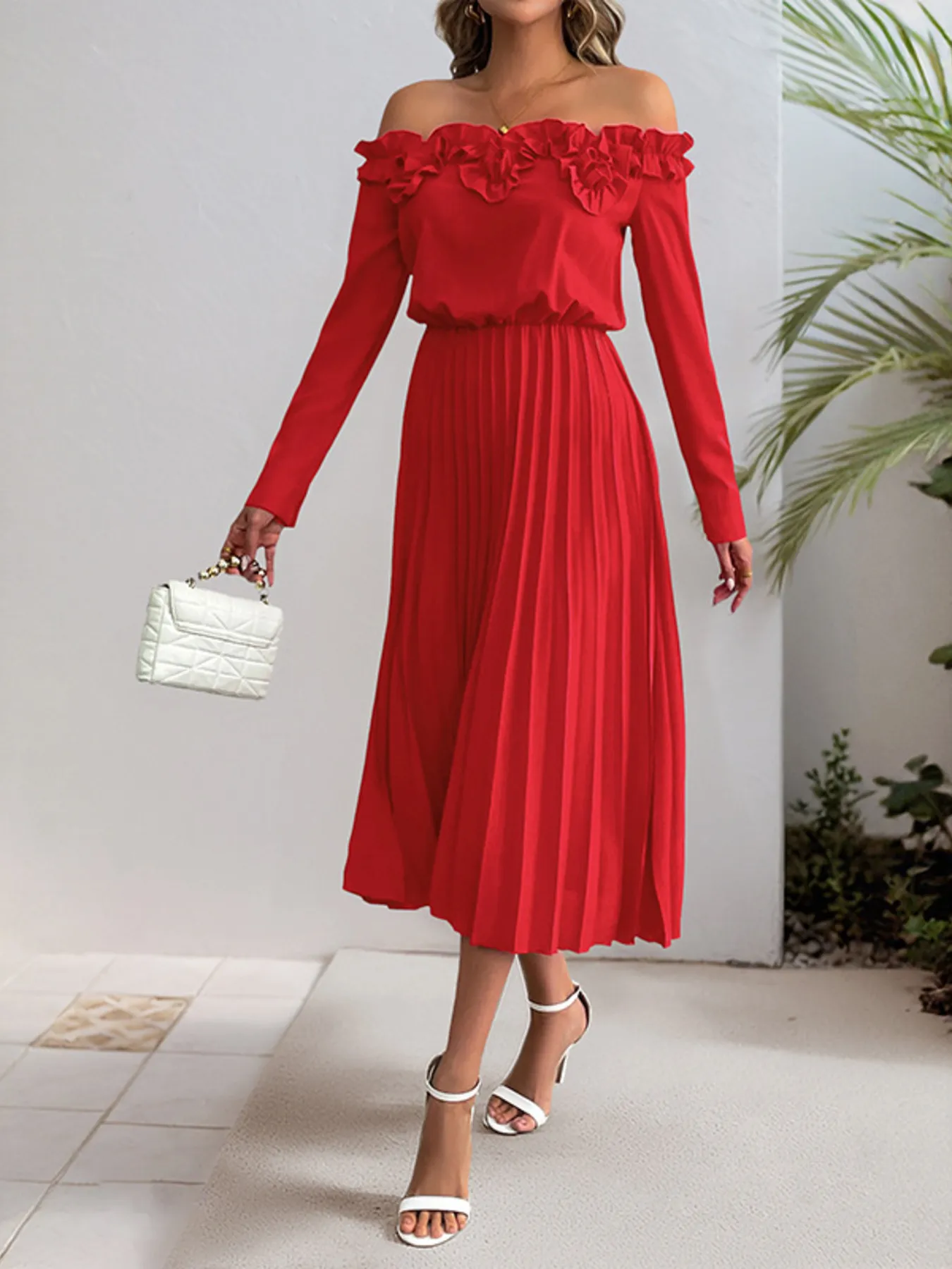 Off-Shoulder Ruffle Pleated Midi Dress - Image 3