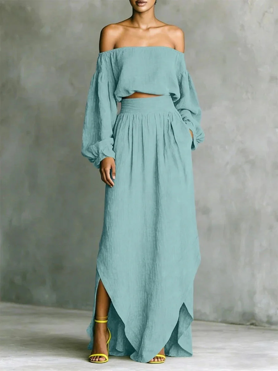Off-Shoulder Top & Asymmetrical Maxi Skirt Set – Women's 2-Piece Outfit - Image 9