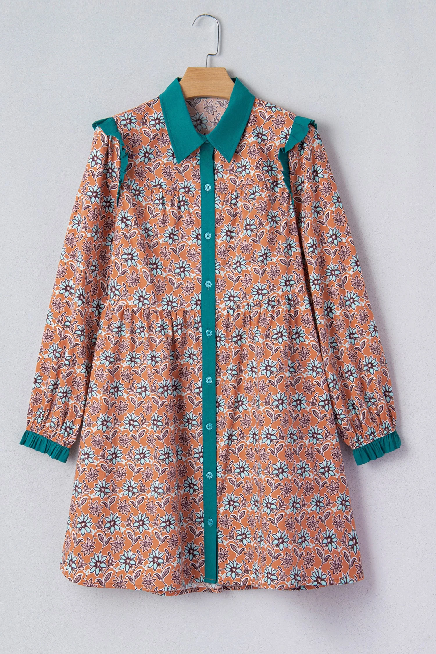 Orange Boho Floral Contrast Collared Shirt Mini Dress - Image 5
