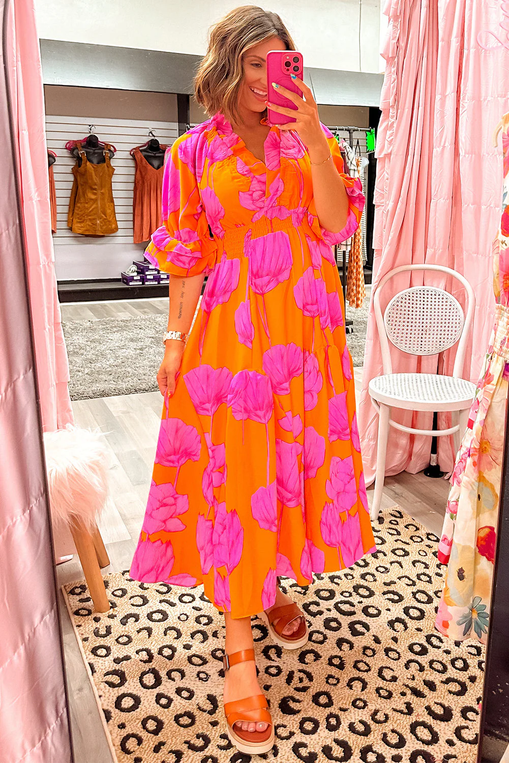 Orange Floral Print Frill Smocked V Neck 3/4 Sleeve Maxi Dress - Image 4