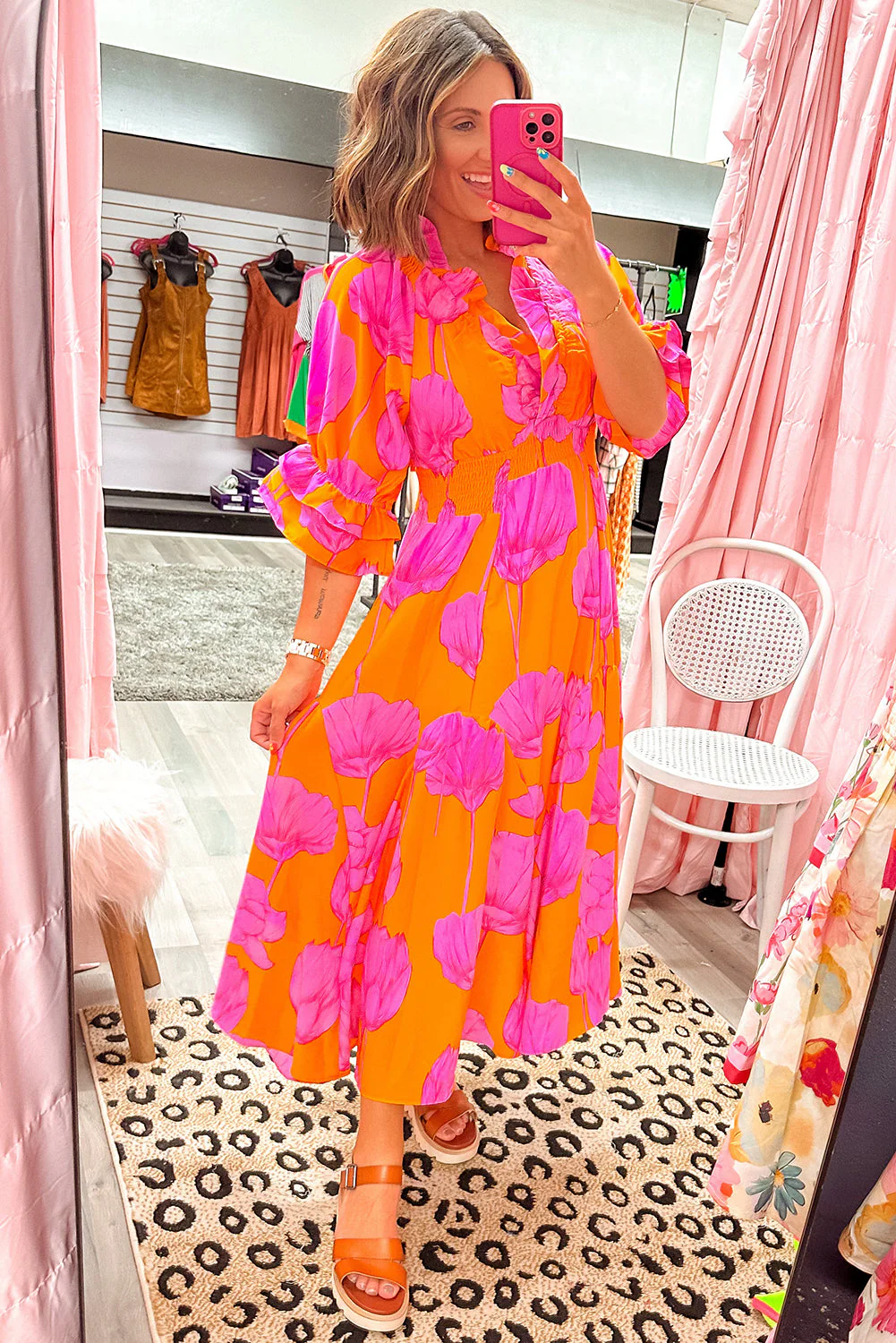 Orange Floral Print Frill Smocked V Neck 3/4 Sleeve Maxi Dress - Image 6