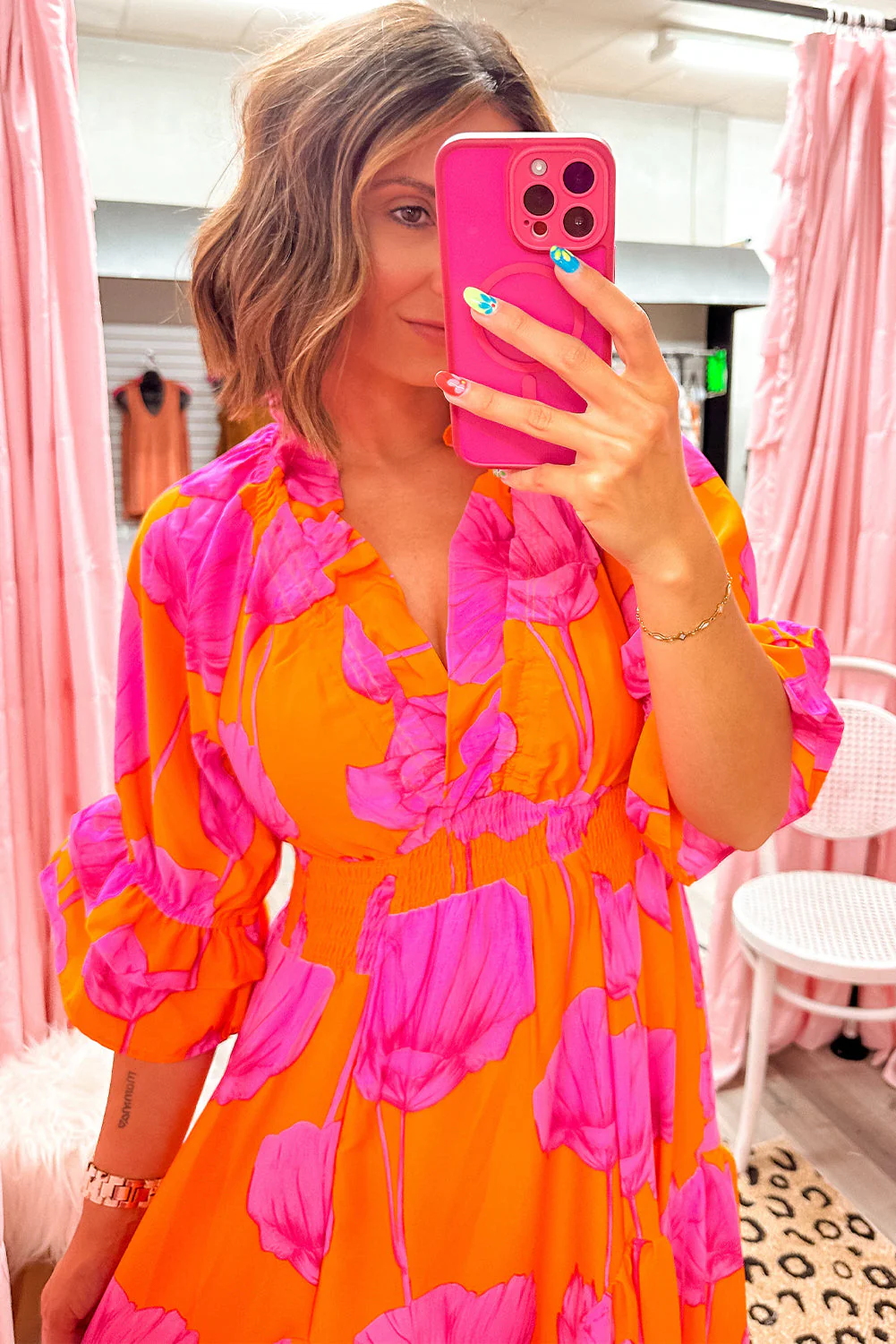 Orange Floral Print Frill Smocked V Neck 3/4 Sleeve Maxi Dress - Image 8