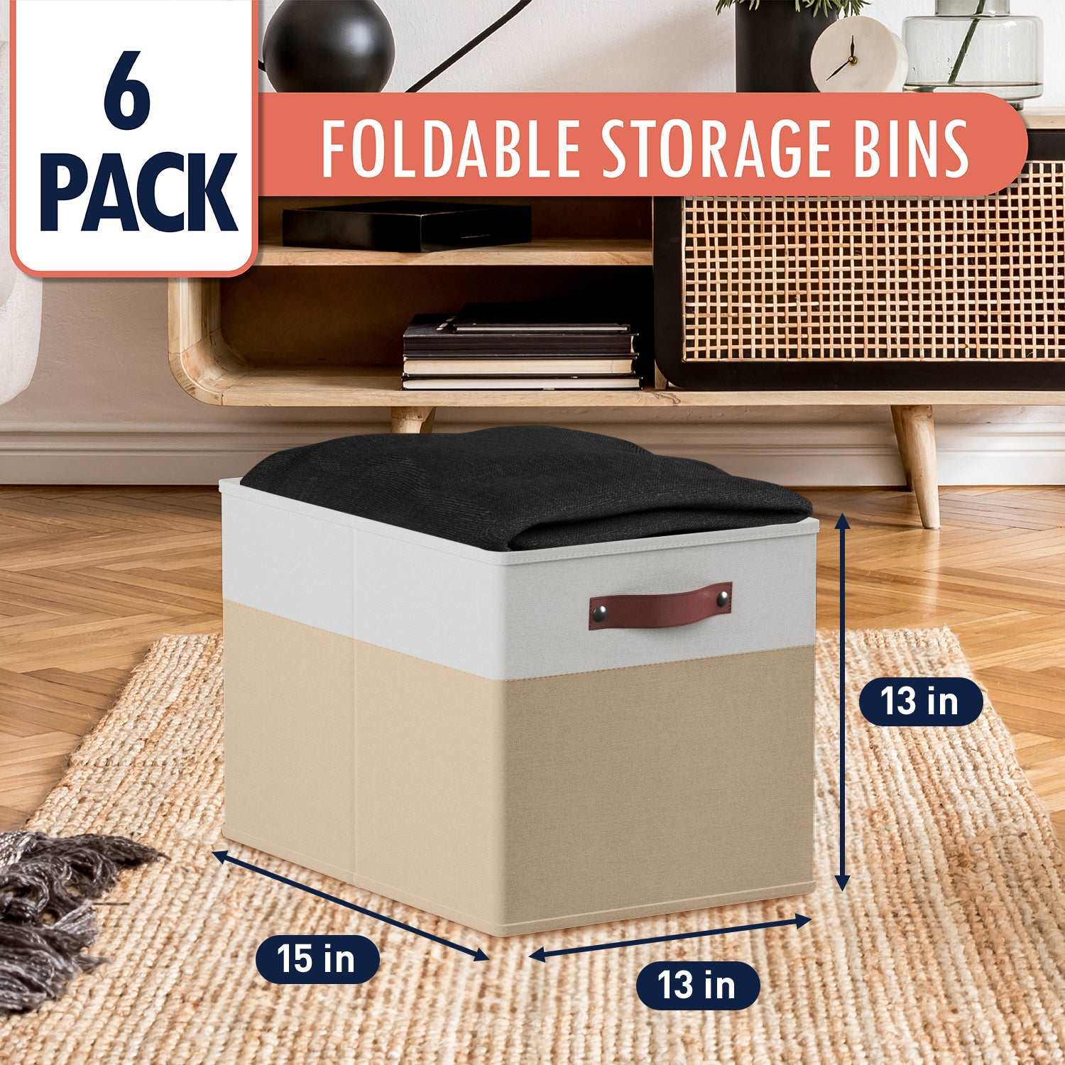 Ornavo Home 6 Pack Linen Fabric Kallax Storage Cube Bin with Faux Leather Handles - Image 2