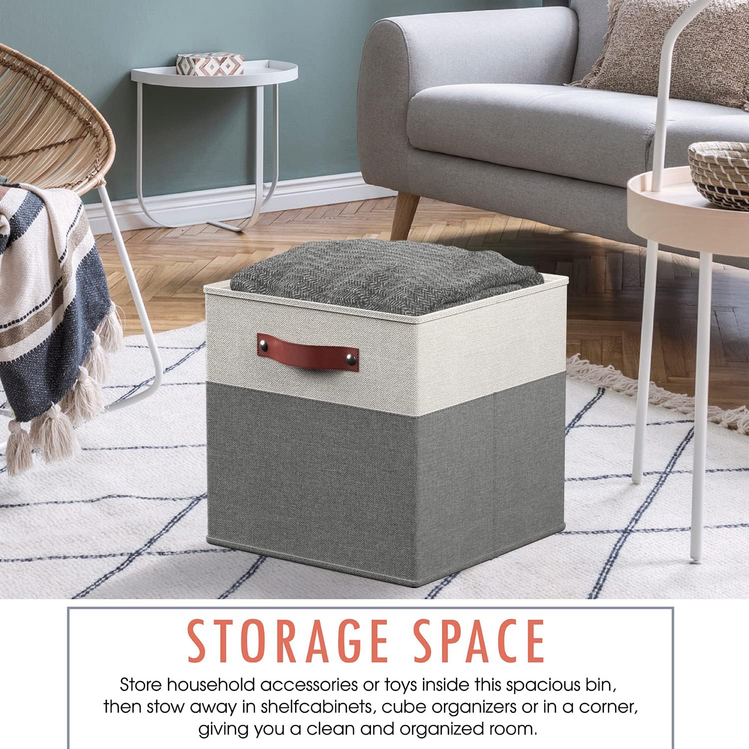 Ornavo Home 6 Pack Linen Fabric Storage Cube Bin with Faux Leather Handles - Image 11