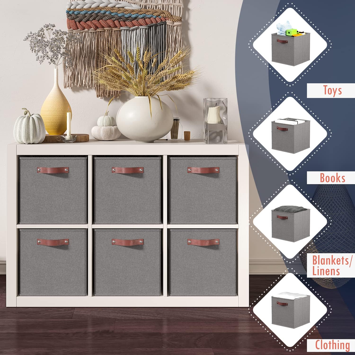 Ornavo Home 6 Pack Linen Fabric Storage Cube Bin with Faux Leather Handles - Image 24