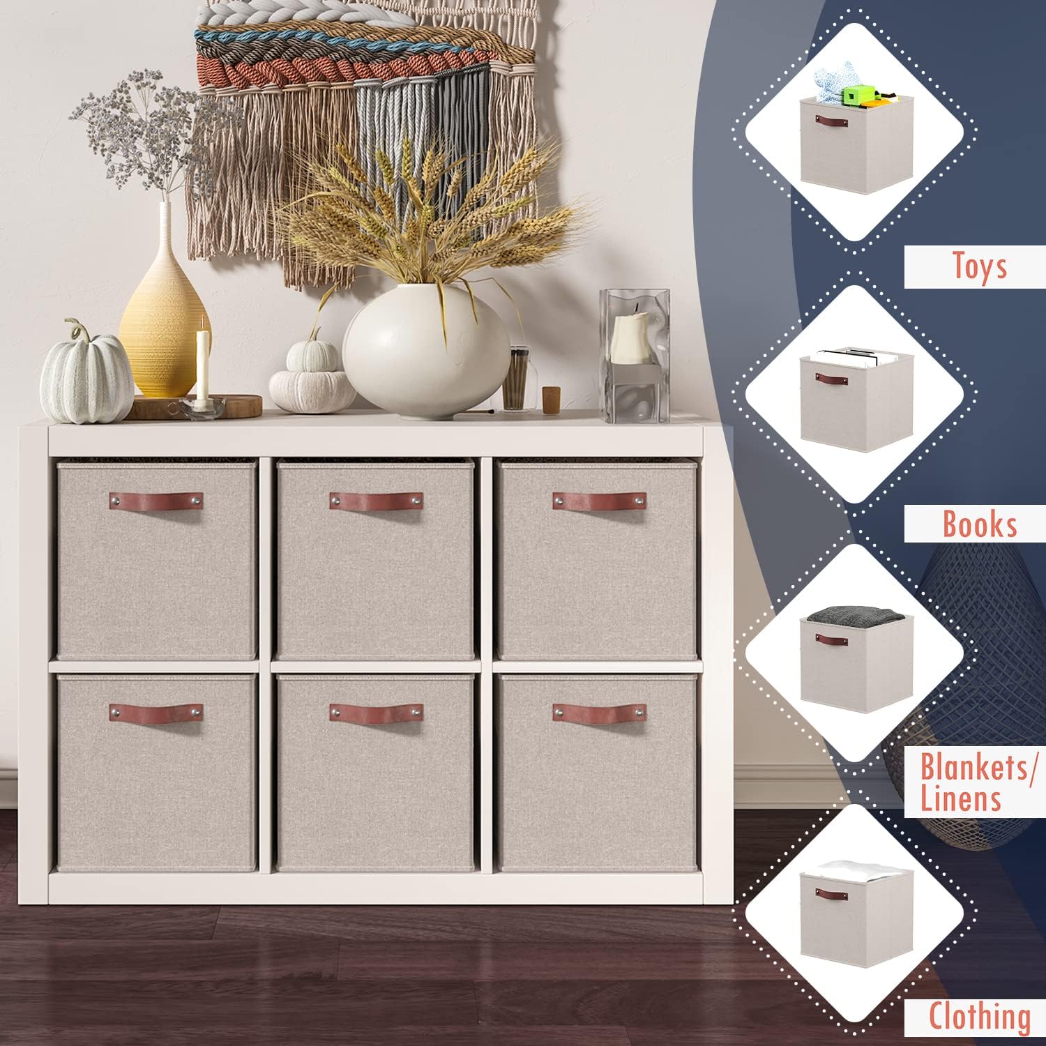 Ornavo Home 6 Pack Linen Fabric Storage Cube Bin with Faux Leather Handles - Image 38