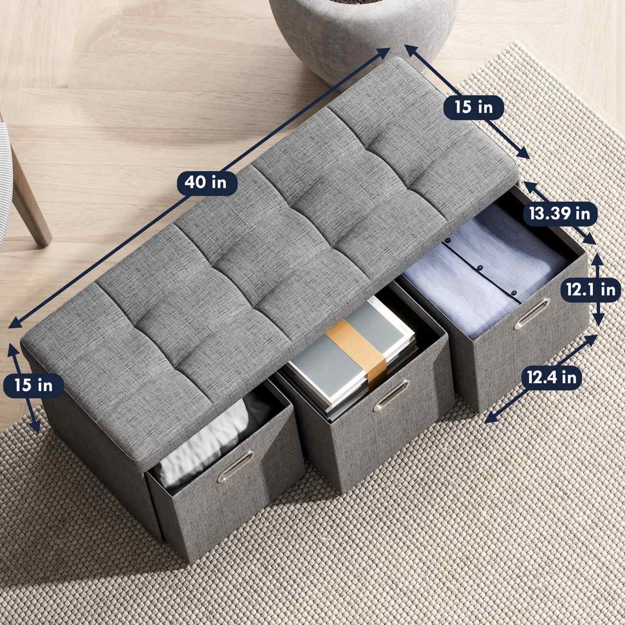 Ornavo Home Collapsible Large Storage Bench Ottoman with Drawers, Perfect for Living Room, Bedroom and Entryway - Image 24