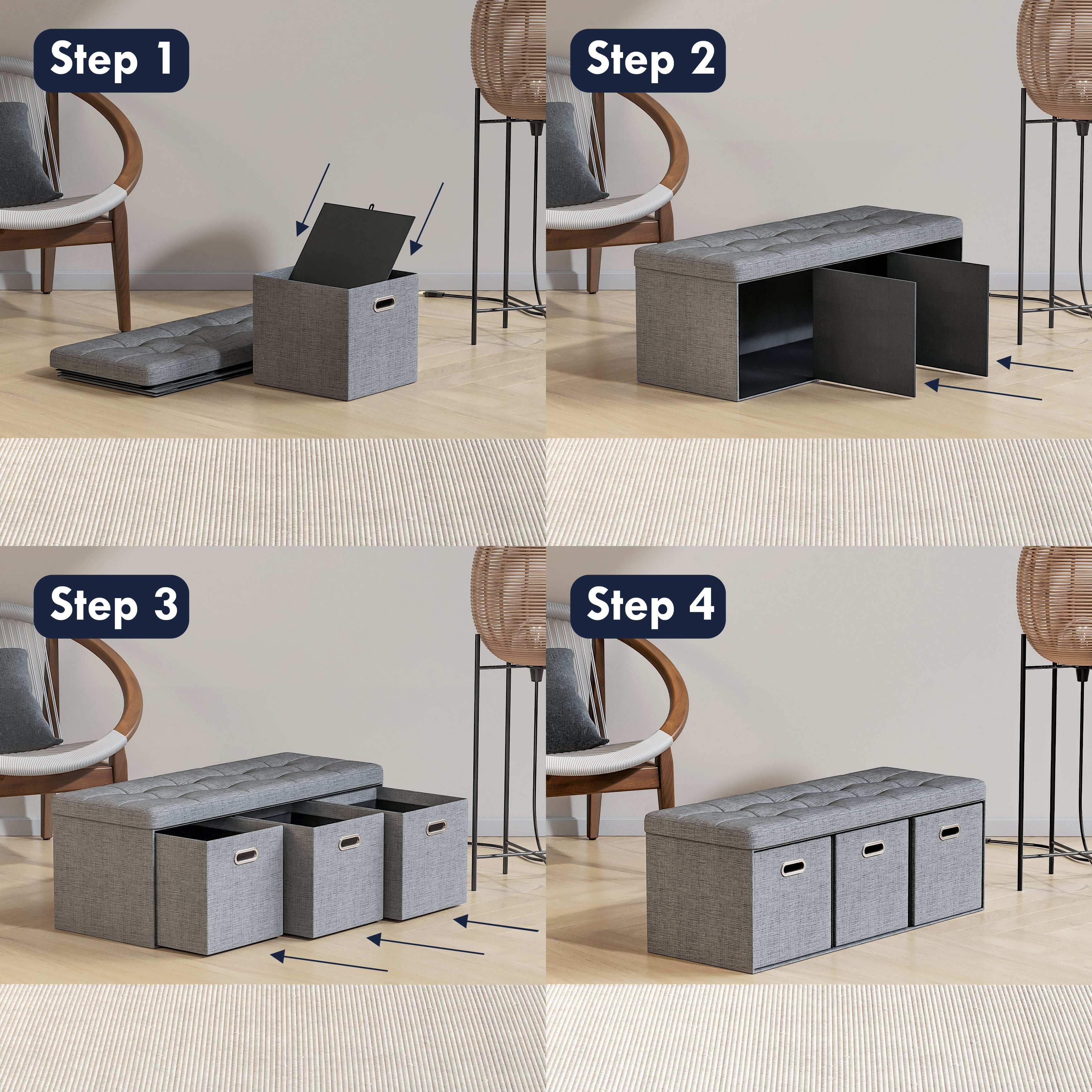 Ornavo Home Collapsible Large Storage Bench Ottoman with Drawers, Perfect for Living Room, Bedroom and Entryway - Image 25