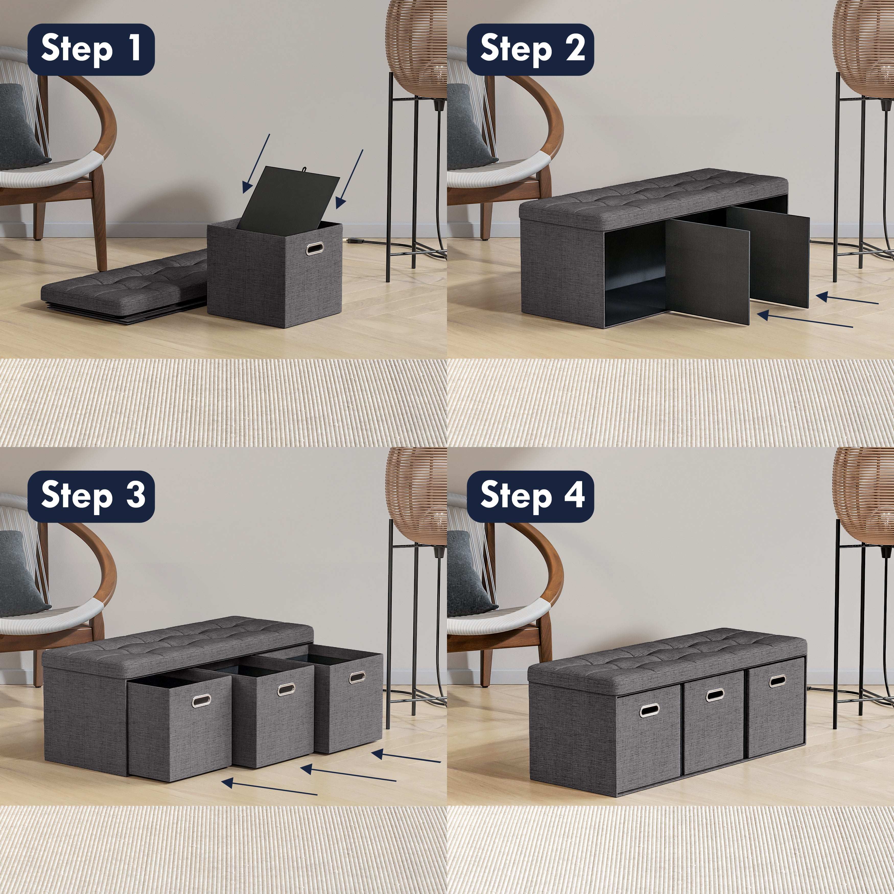 Ornavo Home Collapsible Large Storage Bench Ottoman with Drawers, Perfect for Living Room, Bedroom and Entryway - Image 5