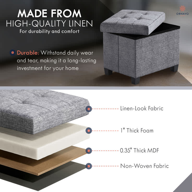 Ornavo Home Collapsible Rectangle Small Storage Ottoman with Legs - Image 5