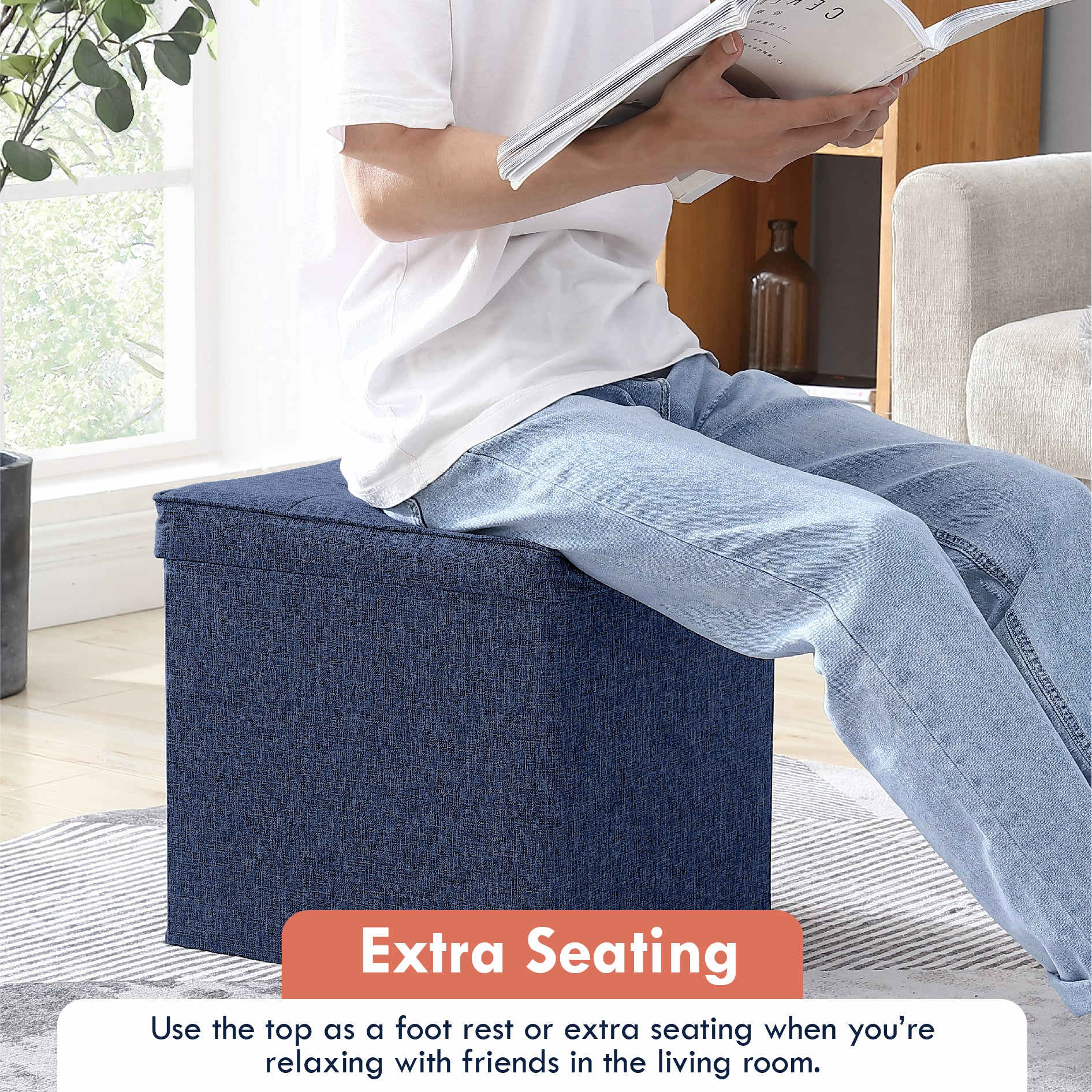 Ornavo Home Collapsible Square Storage Ottoman with Reversible Tray Lid - Image 3