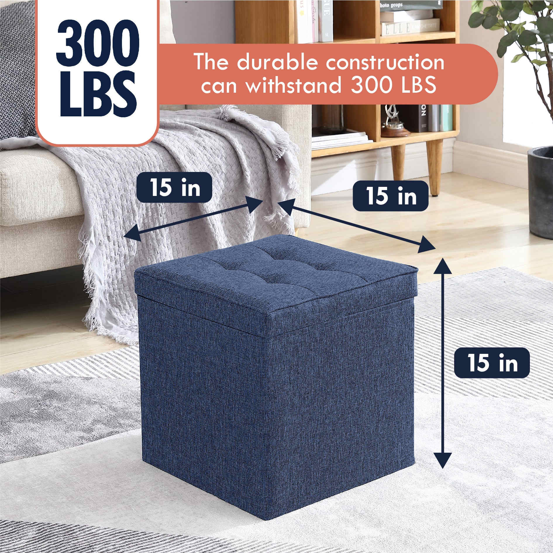 Ornavo Home Collapsible Square Storage Ottoman with Reversible Tray Lid - Image 5