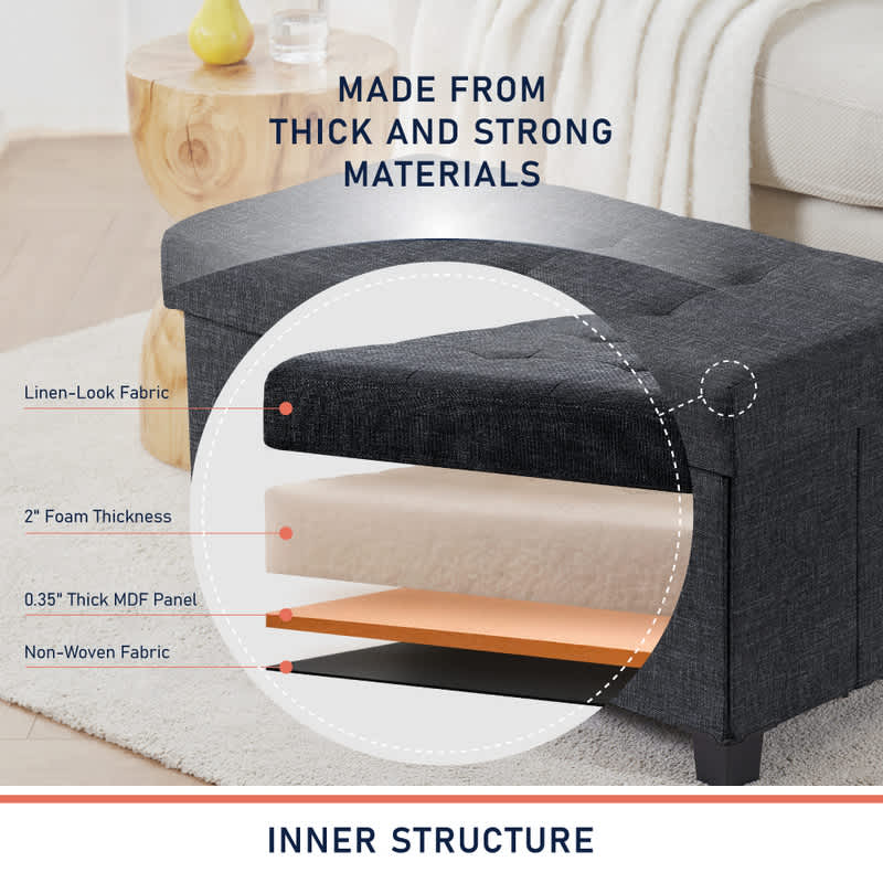 Ornavo Home Foldable Tufted Linen Bench Storage Ottoman with Legs for Bedroom, Entryway and Living Room - Image 10