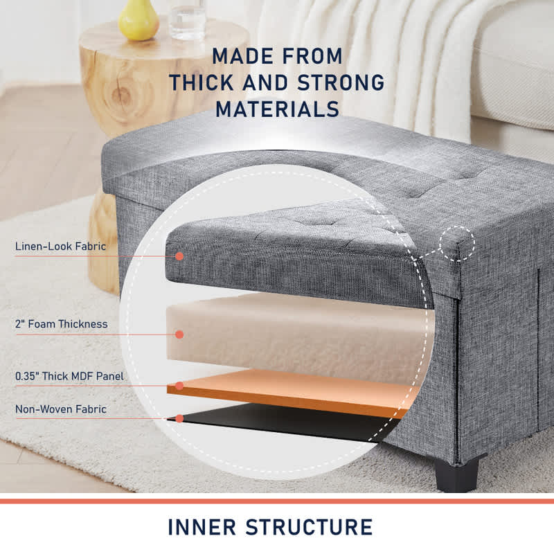 Ornavo Home Foldable Tufted Linen Bench Storage Ottoman with Legs for Bedroom, Entryway and Living Room - Image 22
