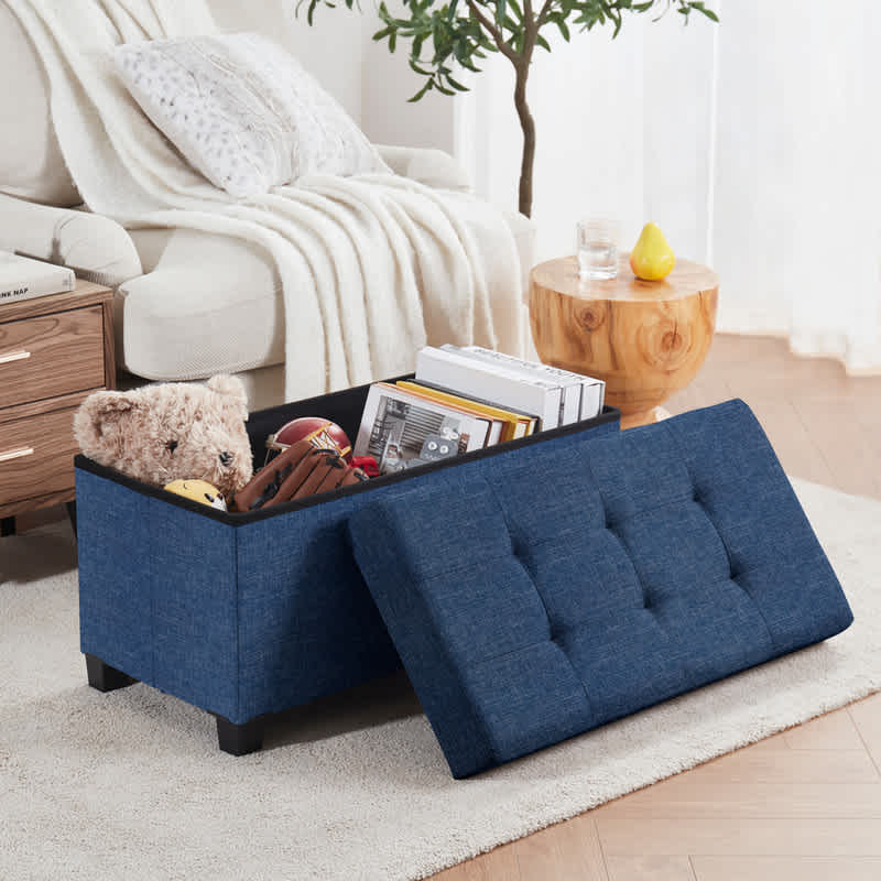 Ornavo Home Foldable Tufted Linen Bench Storage Ottoman with Legs for Bedroom, Entryway and Living Room - Image 26