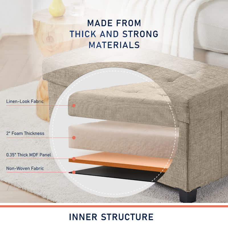 Ornavo Home Foldable Tufted Linen Bench Storage Ottoman with Legs for Bedroom, Entryway and Living Room - Image 33