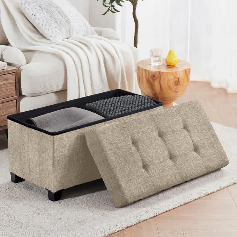 Ornavo Home Foldable Tufted Linen Bench Storage Ottoman with Legs for Bedroom, Entryway and Living Room - Image 35