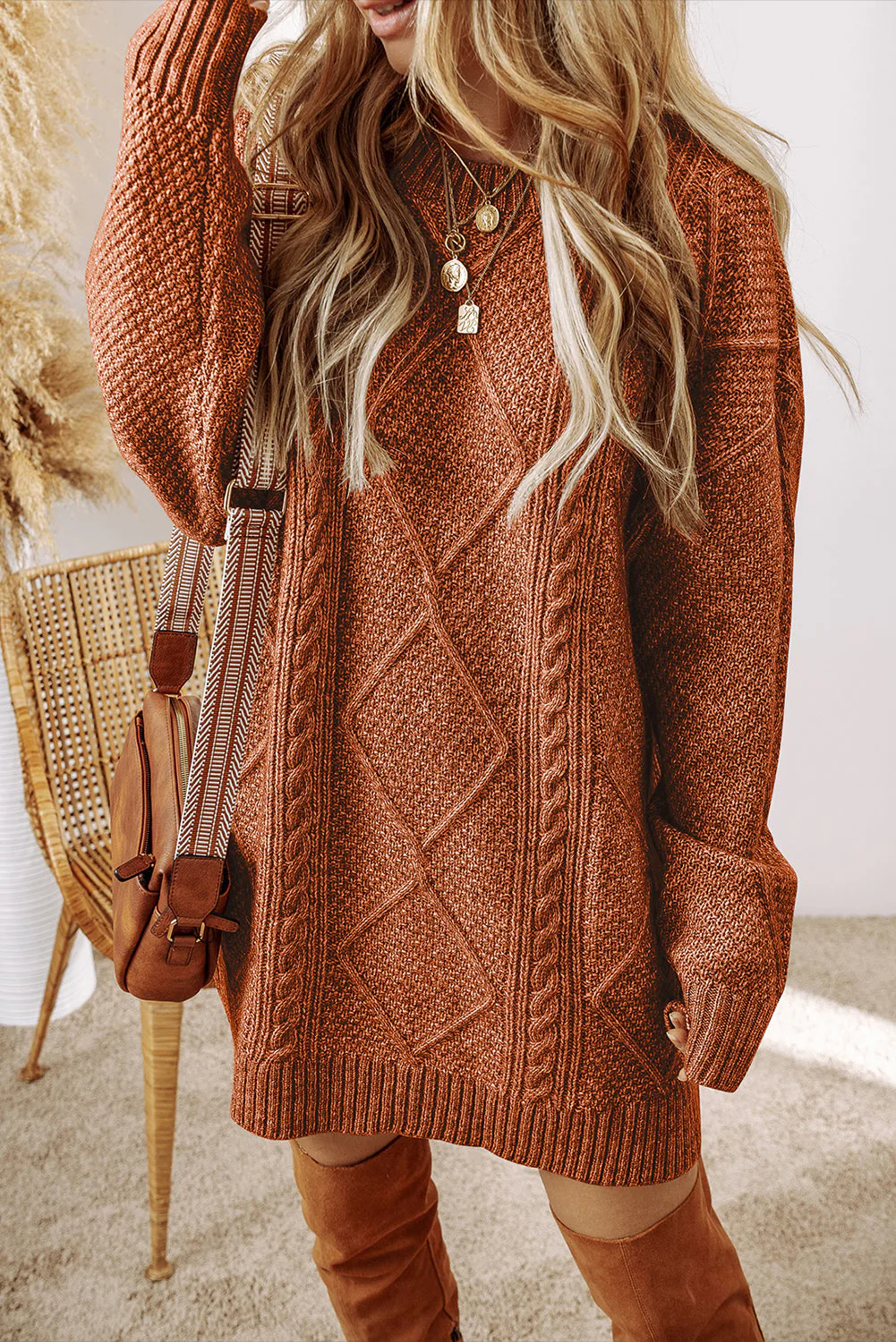 Parchment Twist Cable Knit Drop Shoulder Loose Fit Sweater Dress - Image 13