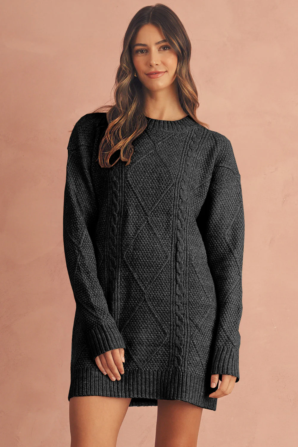 Parchment Twist Cable Knit Drop Shoulder Loose Fit Sweater Dress - Image 17