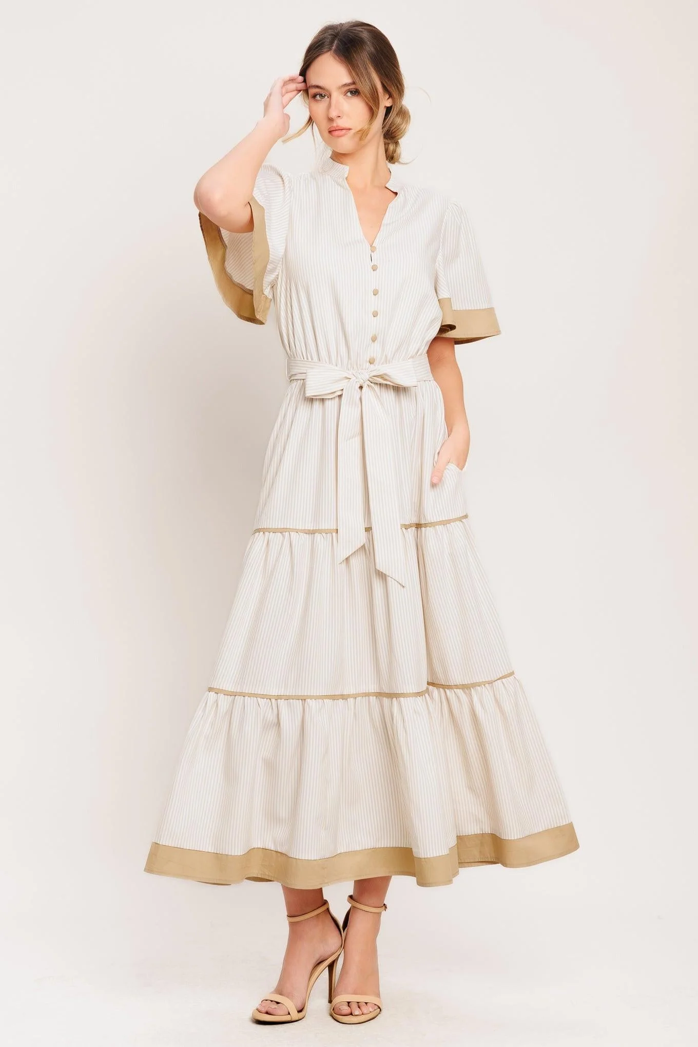 Paris Morning Taupe Woven Midi Dress