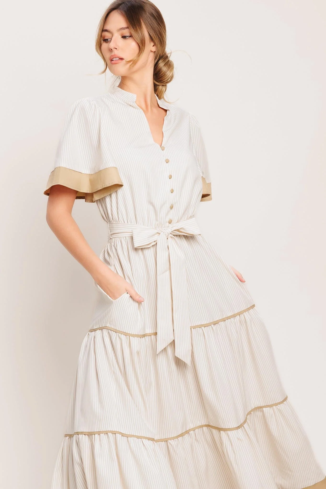 Paris Morning Taupe Woven Midi Dress - Image 4