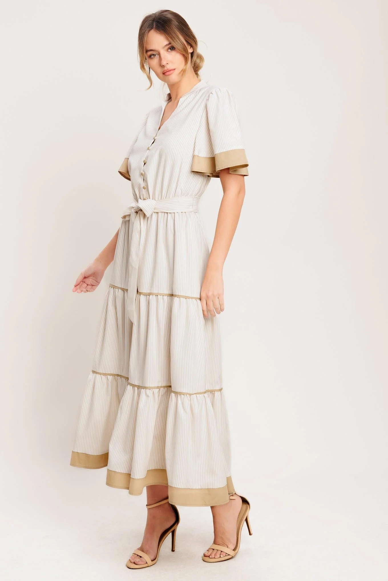 Paris Morning Taupe Woven Midi Dress - Image 7