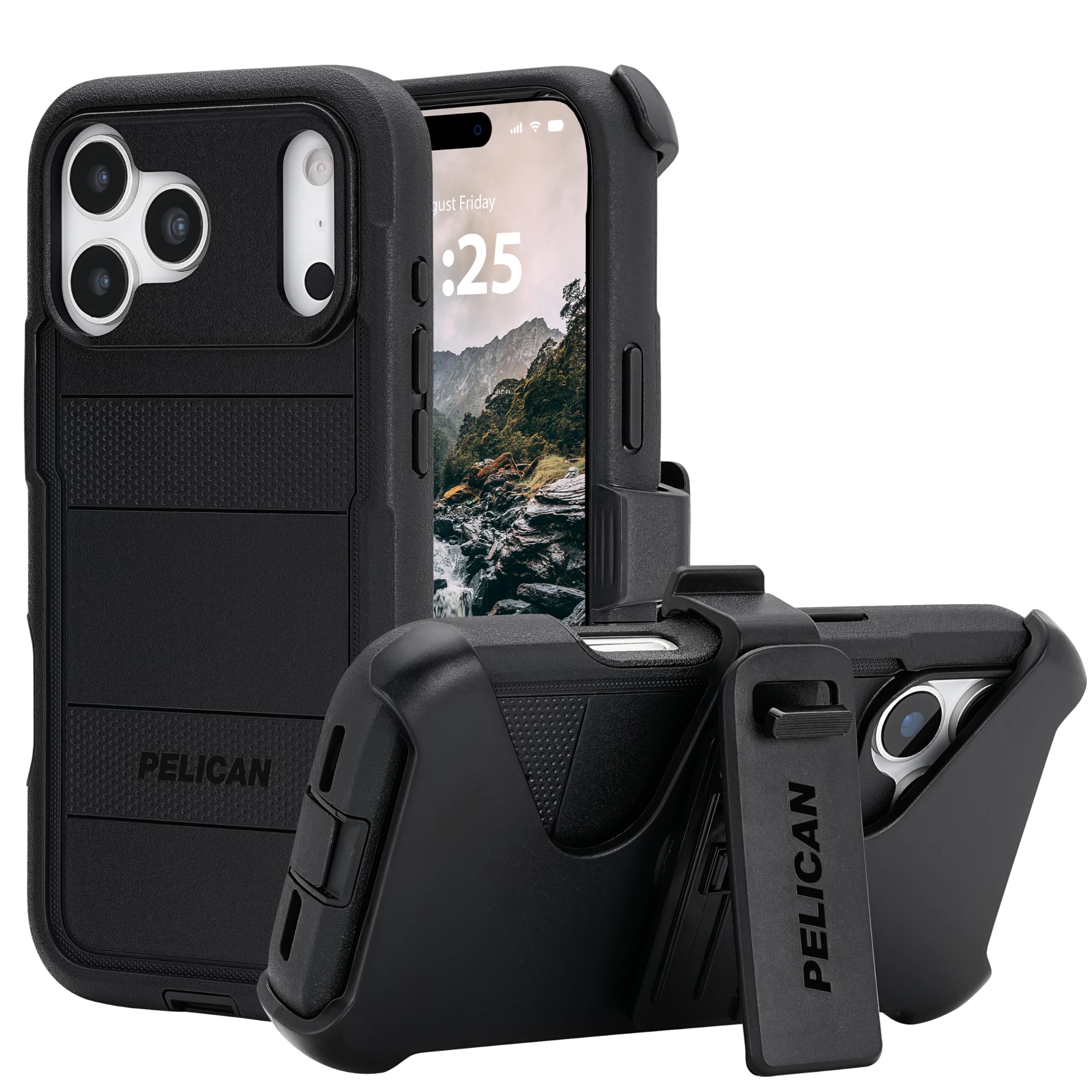 Pelican Voyager iPhone 17 Pro Max Case [Compatible with MagSafe] Rugged Phone Case w/ 24ft Military-Grade Drop Protection - Heavy Duty Phone Cover w/Belt Clip Holster for iPhone 17 Pro Max - Black