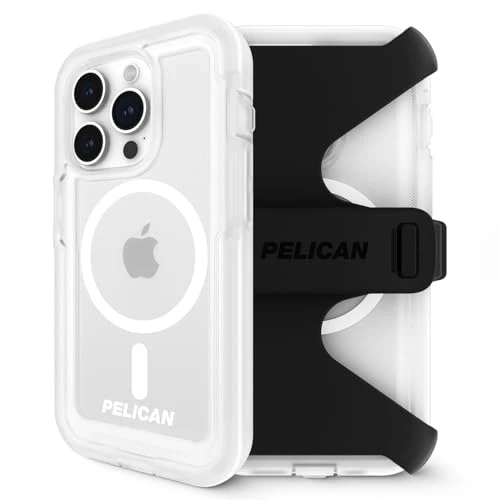 Pelican Voyager Series - iPhone 15 Pro Max Case 6.7" [Compatible with MagSafe] [Anti-Yellow] Magnetic Charging Phone Case With Belt Clip Holster Kickstand [18ft Military Grade Drop Protection] - Clear