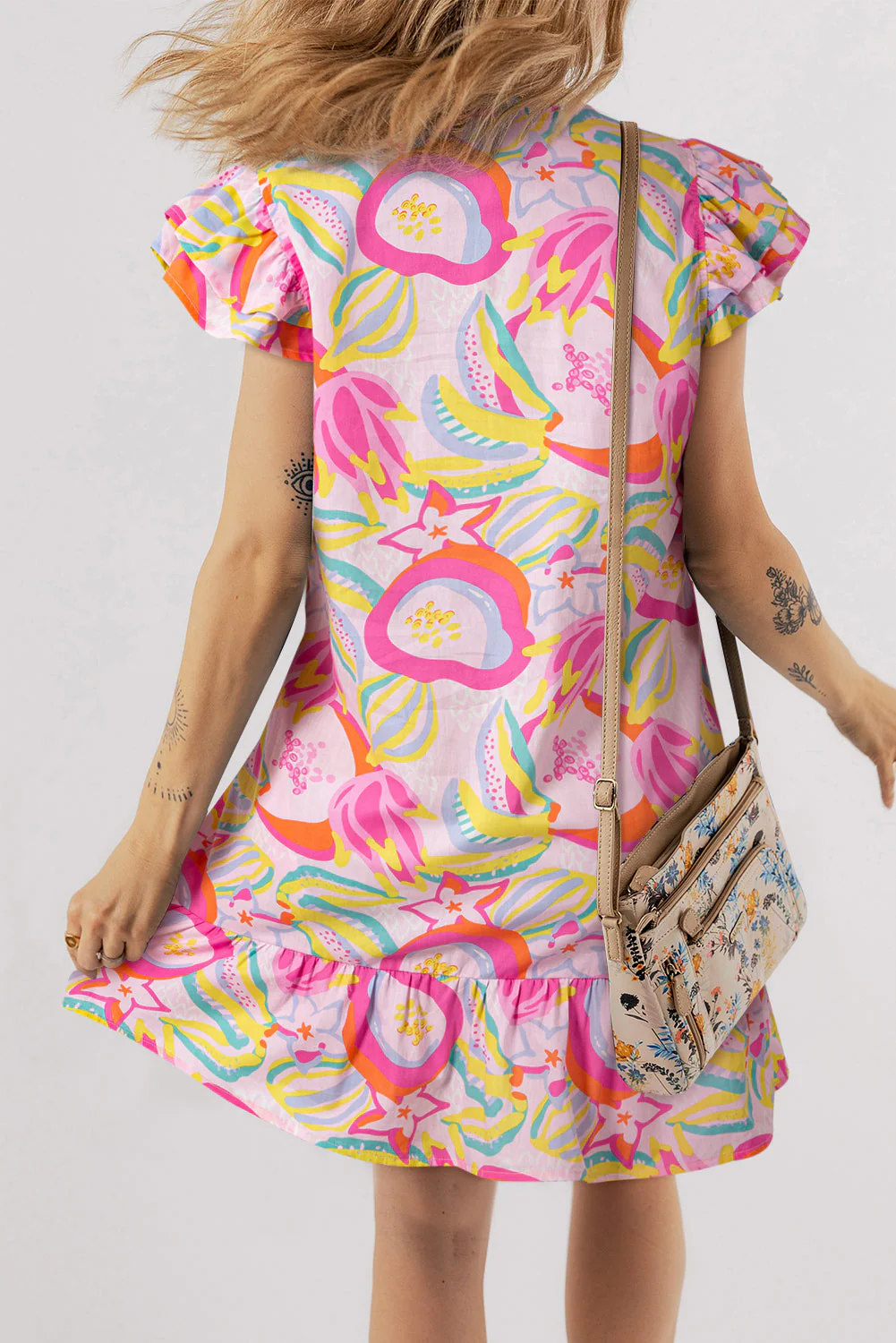 Pink Abstract Floral Ruffle Trim Flutter Sleeve Buttoned Dress - Image 2