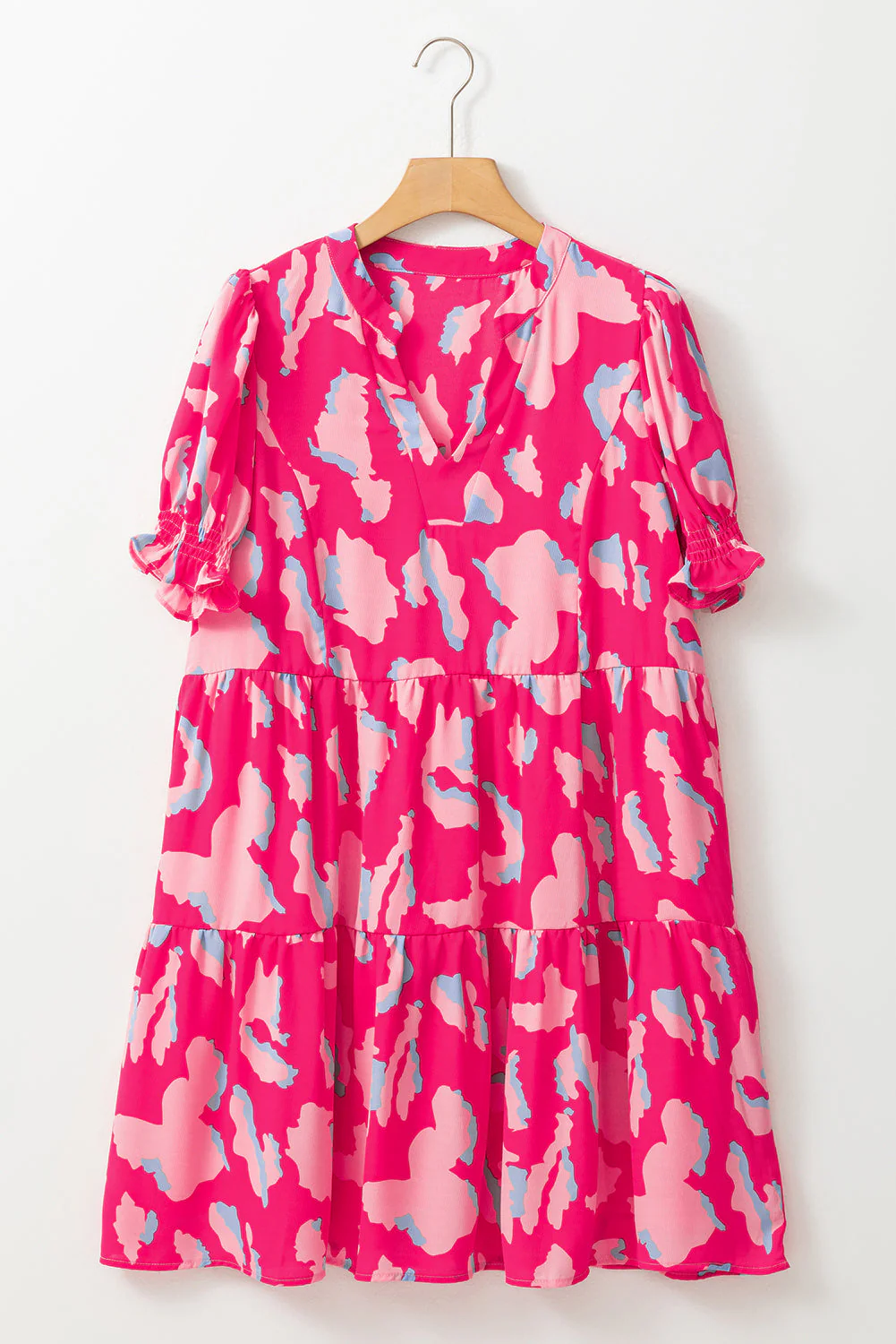 Pink Abstract Print V Neck Smocked Sleeve Mini Dress - Image 3