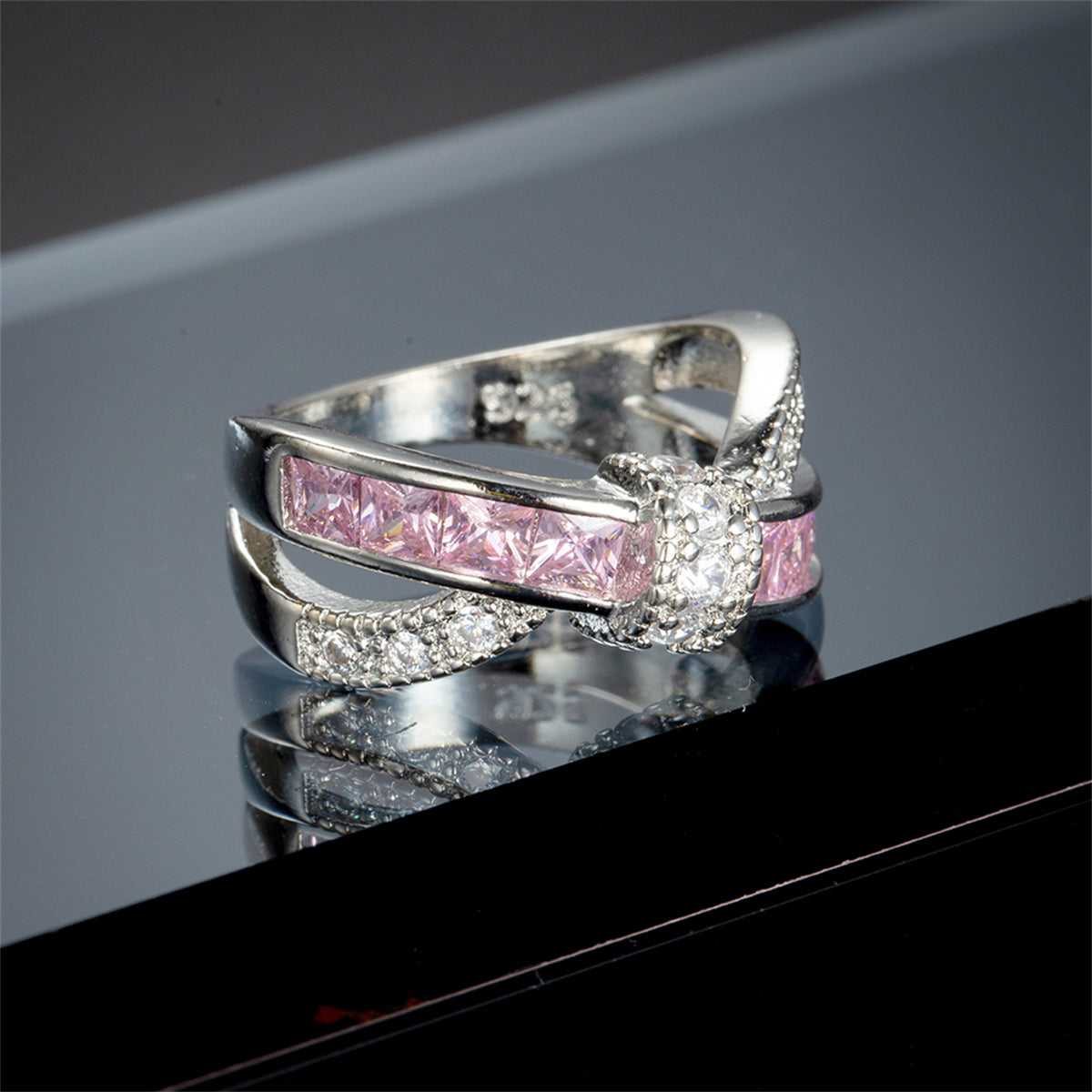 Pink Crystal & Cubic Zirconia Openwork Twist Princess-Cut Ring - Image 2