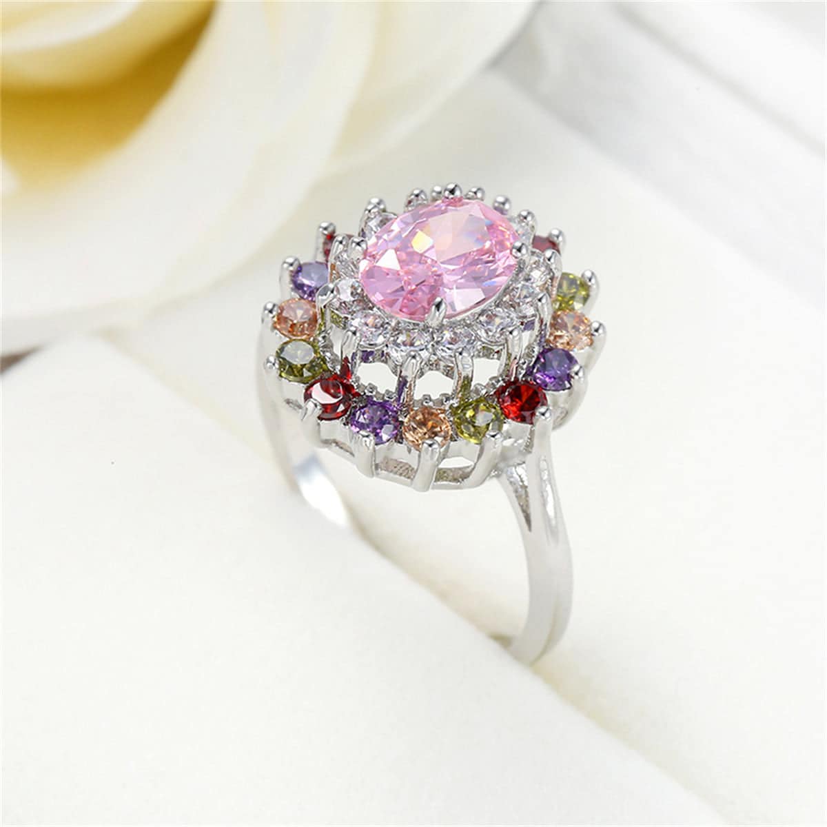Pink Crystal & Cubic Zirconia Silvertone Oval-Cut Ring
