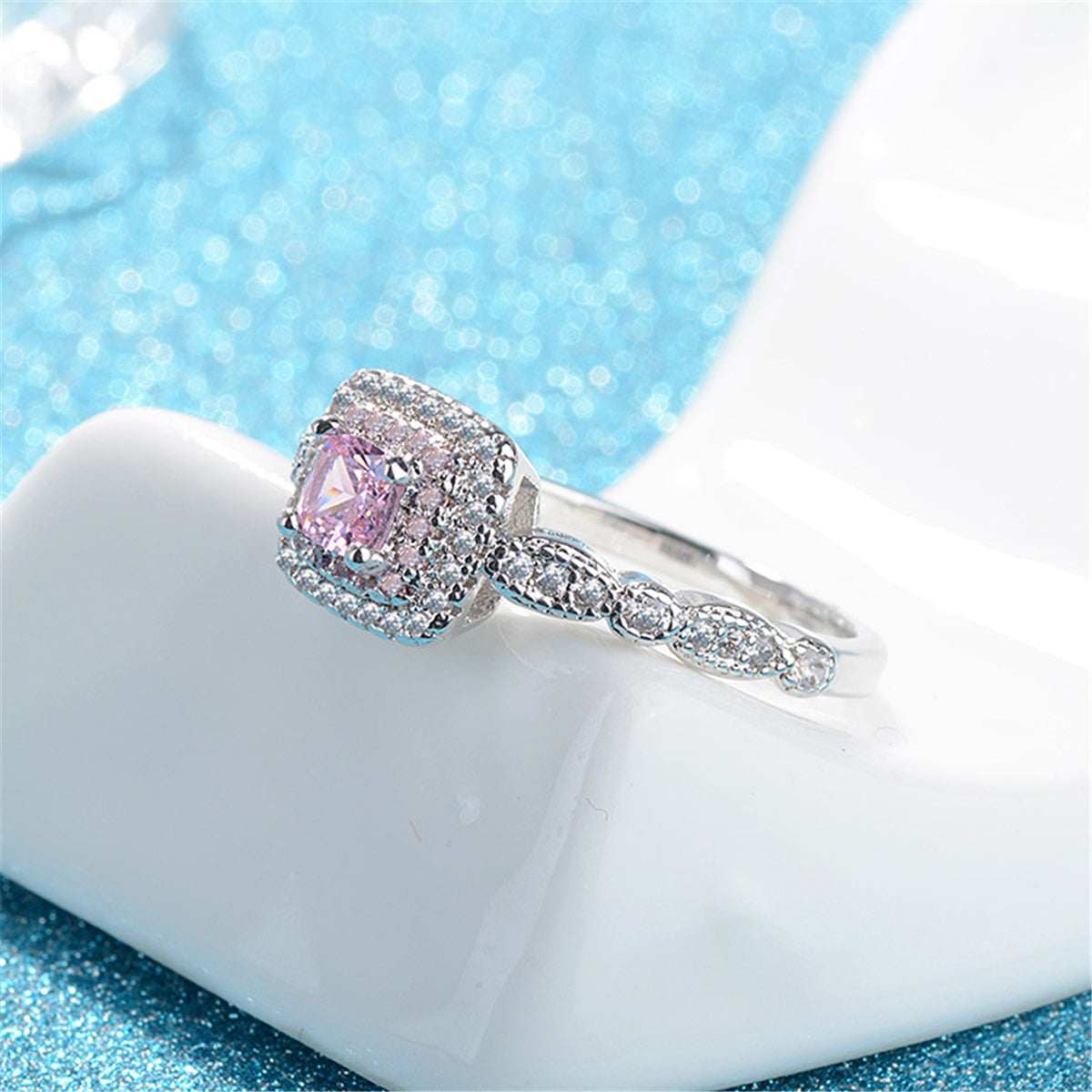 Pink Cushion Crystal & Cubic Zirconia Halo Ring - Image 2