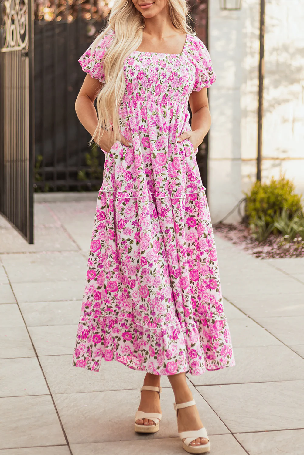 Pink Dainty Floral Smocked Puff Sleeve Flowy Long Dress - Image 10