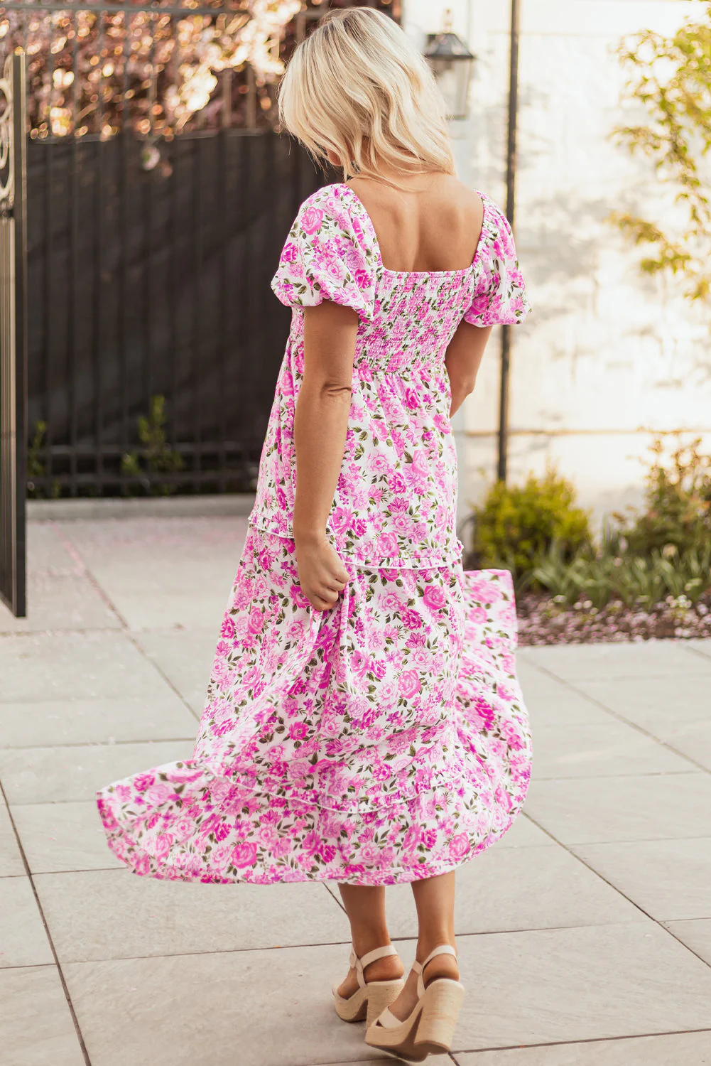 Pink Dainty Floral Smocked Puff Sleeve Flowy Long Dress - Image 14