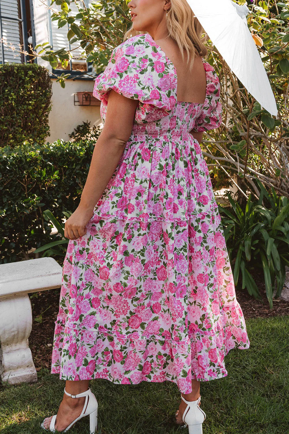 Pink Dainty Floral Smocked Puff Sleeve Flowy Long Dress - Image 3