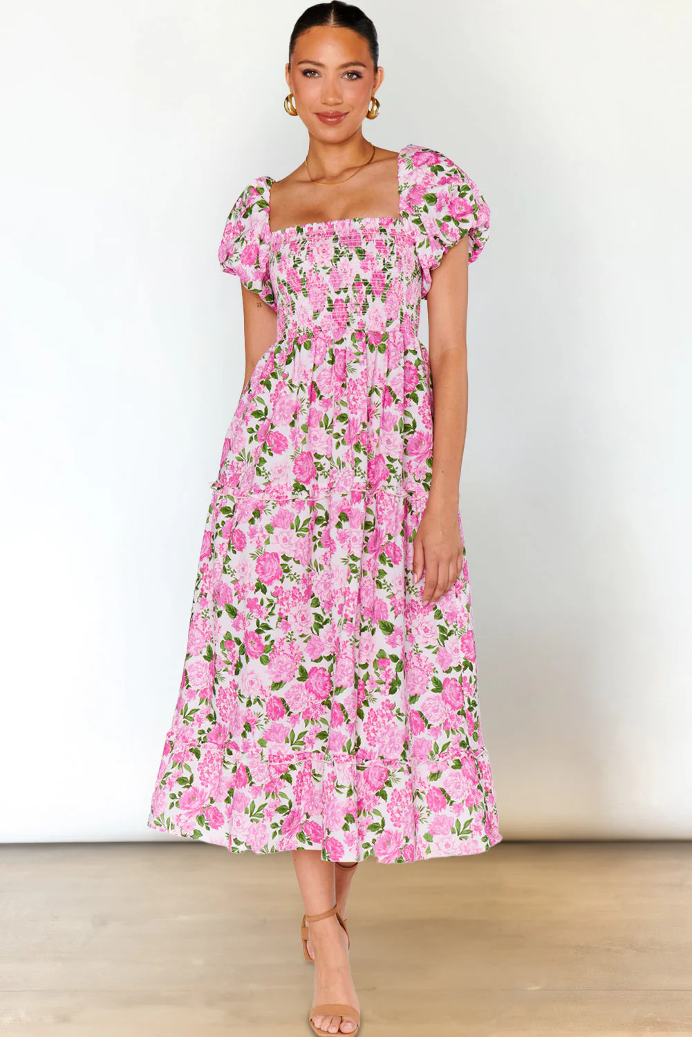 Pink Dainty Floral Smocked Puff Sleeve Flowy Long Dress - Image 4