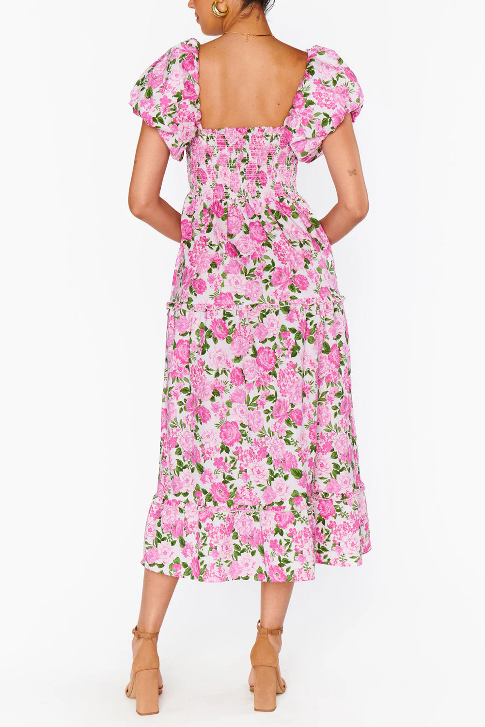 Pink Dainty Floral Smocked Puff Sleeve Flowy Long Dress - Image 8