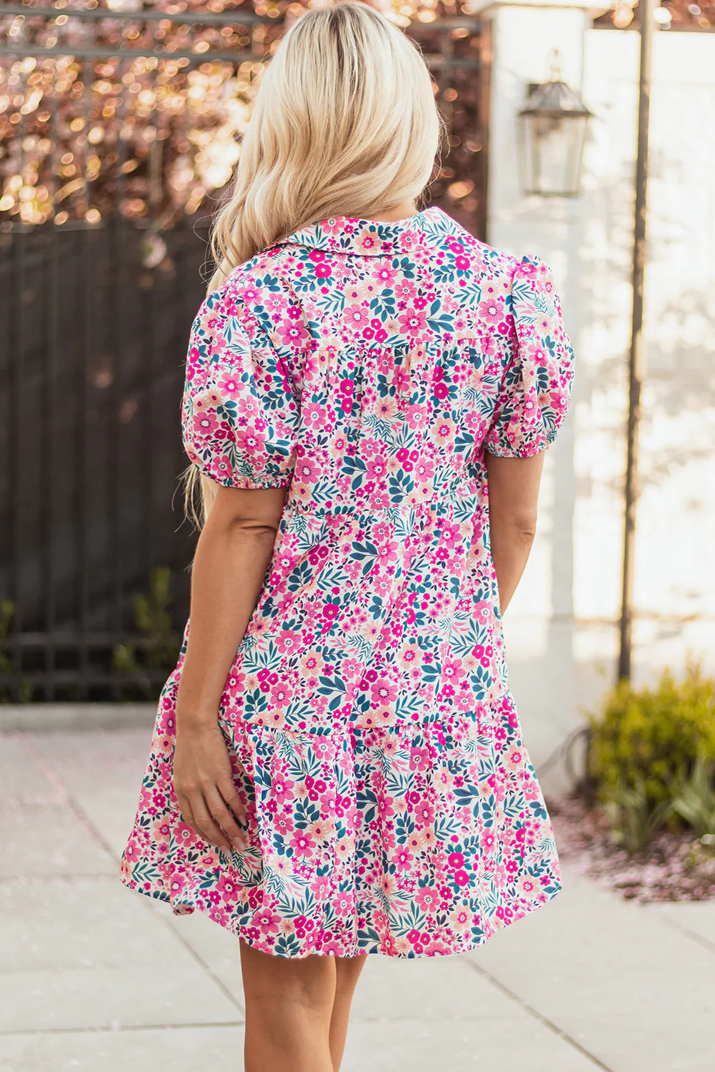 Pink Floral Collared Half Placket Short Sleeve Loose Dress - Image 10