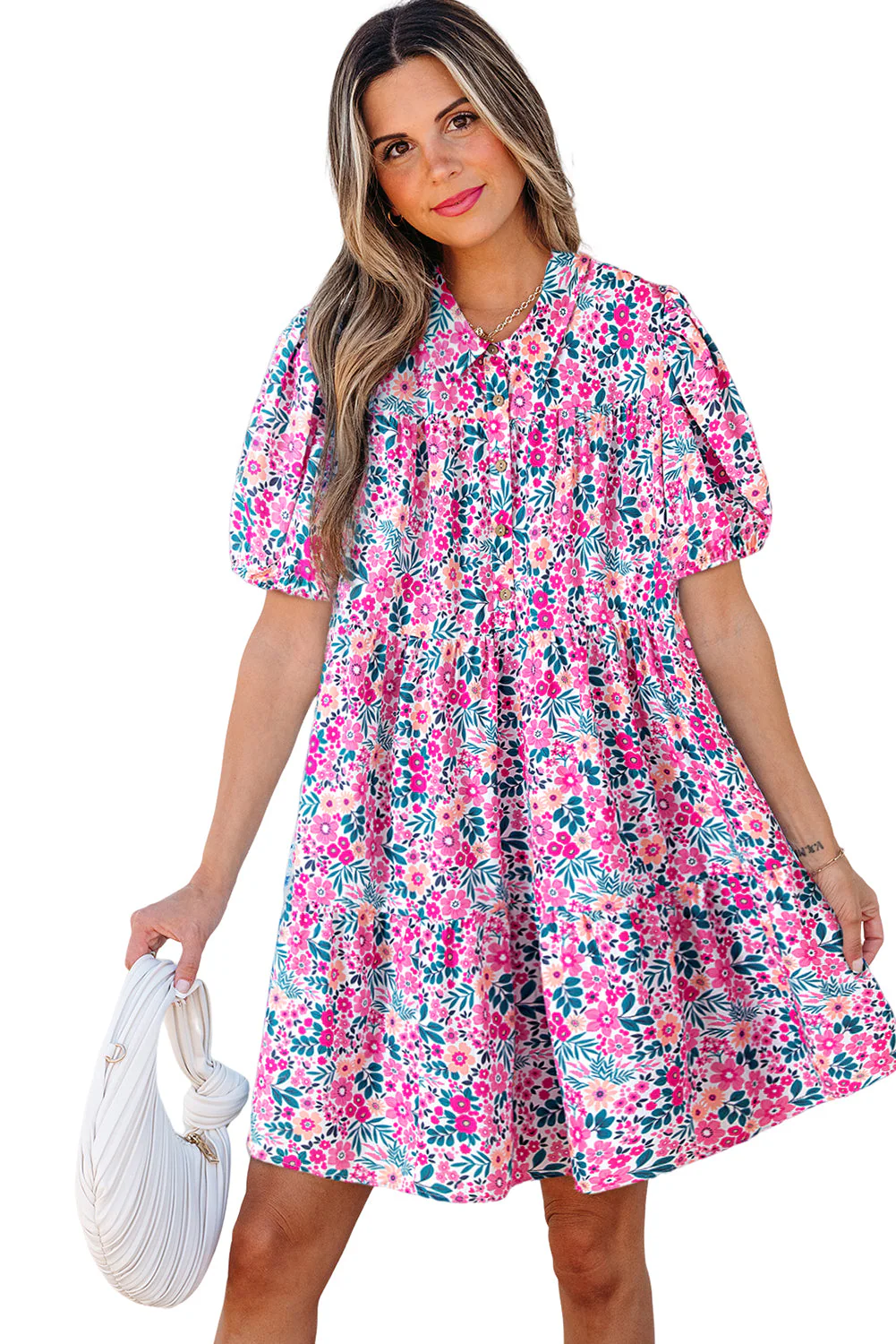 Pink Floral Collared Half Placket Short Sleeve Loose Dress - Image 18